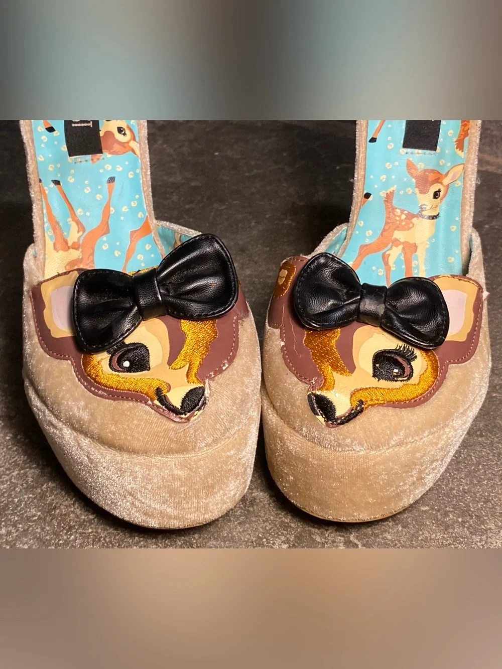 IRON FIST embroidered baby deer face,Doe with a bow,platform heels,fuzzy blush,7
